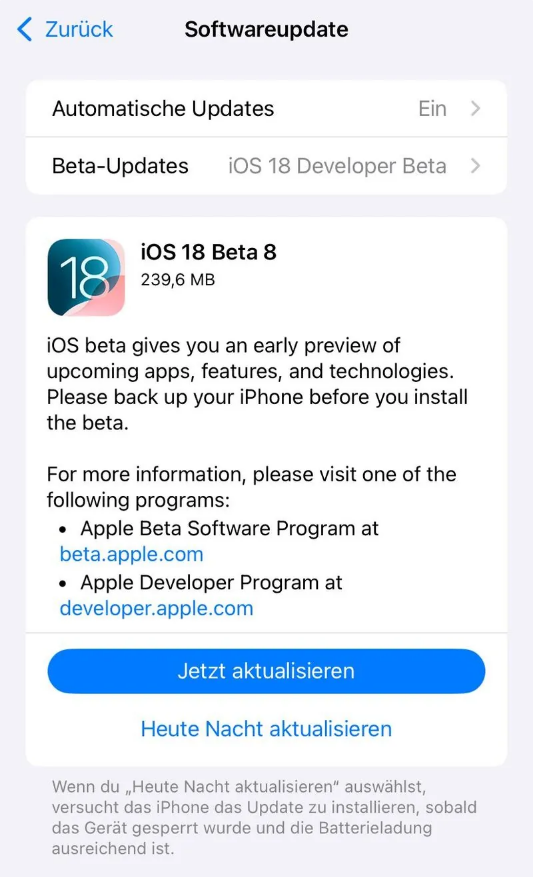 尖扎苹果手机维修分享苹果 iOS / iPadOS 18 开发者预览版 Beta 8 发布 